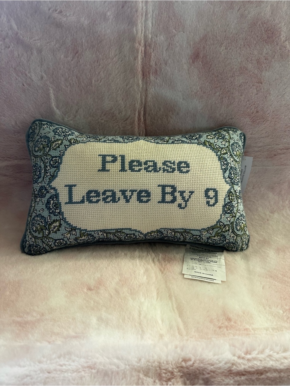 Please leave by 9 - Needlepoint Decorative Pillow NWT Cupcakes & Cashmere